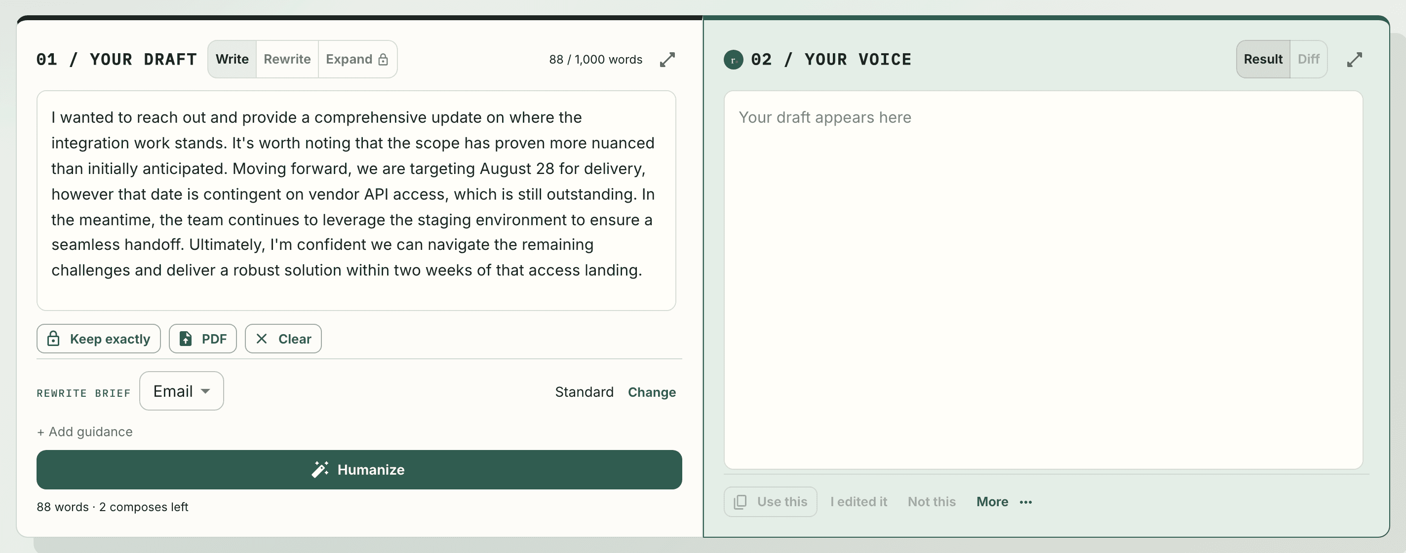 The rewr.it rewrite surface: a draft pane, the register picker, and the fact audit.